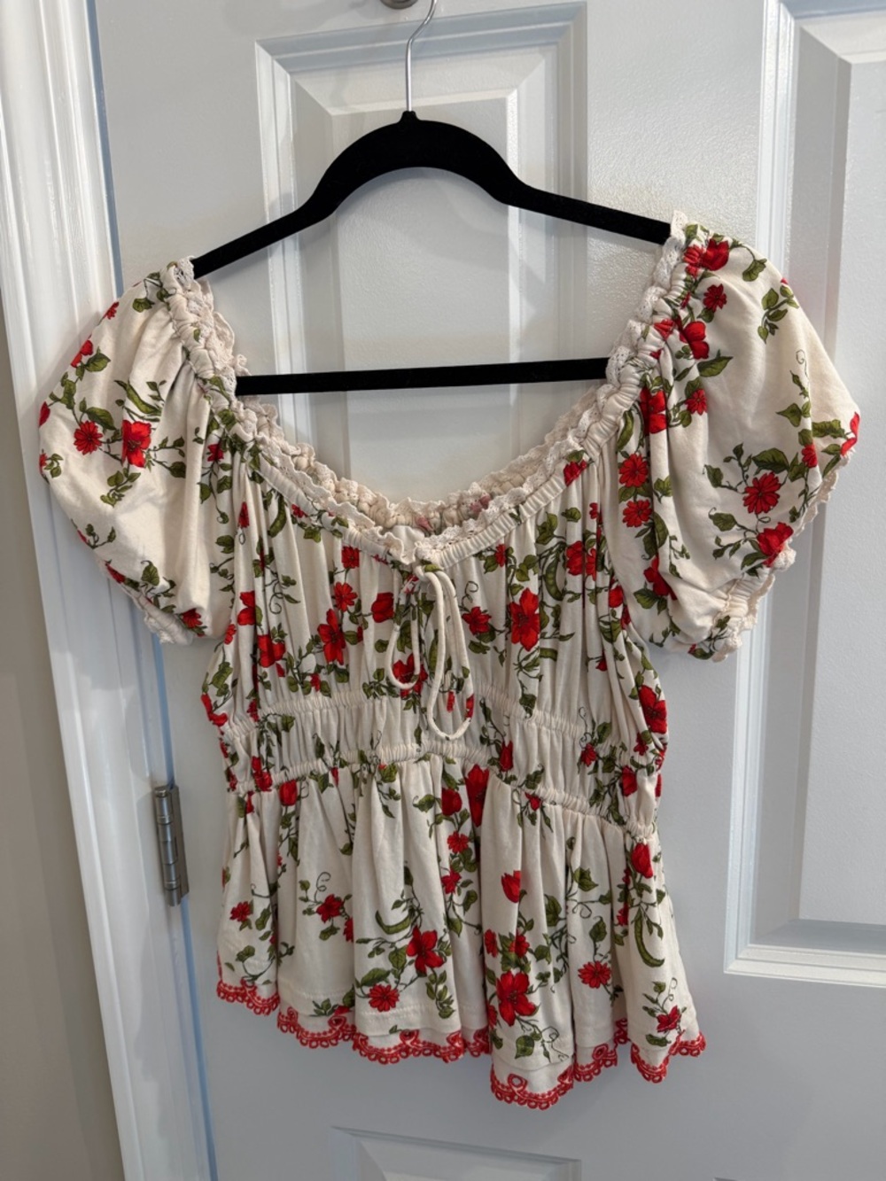 Maeve Cream Blouse with Red Floral Print and Green Leaves